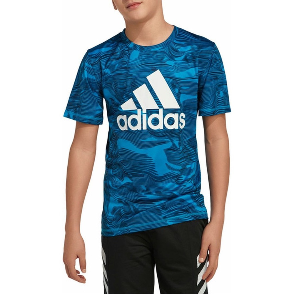 Boys Adidas Primegreen Blue Warped Camo Allover Print‎ Short Sleeve T-Shirt